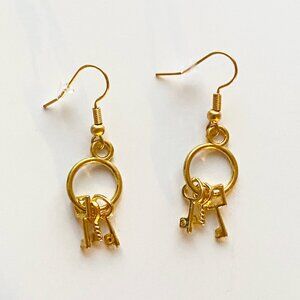 Handmade Mini Keyring Earrings GOLD STAINLESS STEEL Keys Cute